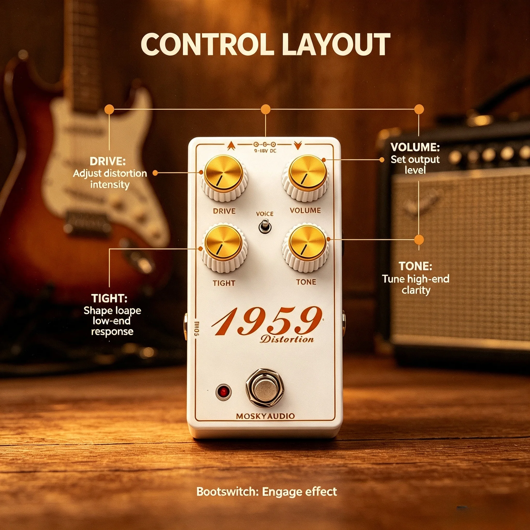 MOSKYAUDIO 1959 Tube Amp Simulator Pedal British-Style Distortion Booster 3 Modes Plexi JCM800 Bluesbreaker for Electric Guitar image 4