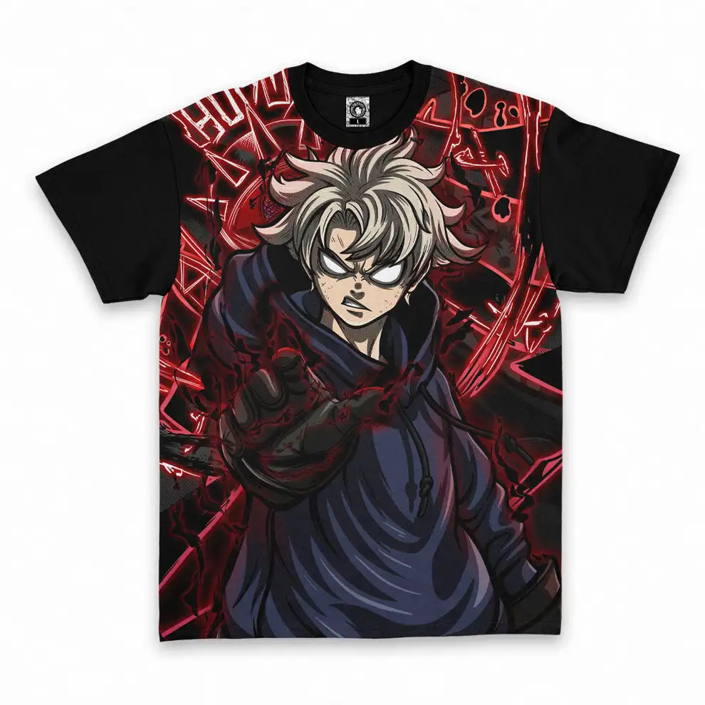 Anime Kaiju No.8 Kafka Tshirt Grey Hair Boy Dark Red Energy Effect Full Print Black Raglan Tee Unisex Casual Short Sleeve Tops