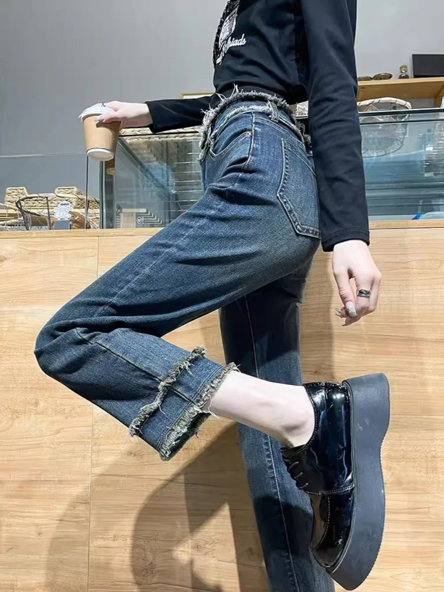 

High Waist Straight Leg Jeans Women's Spring Summer New Style Loose Slimming Nine Points Frayed Wide Leg Pants