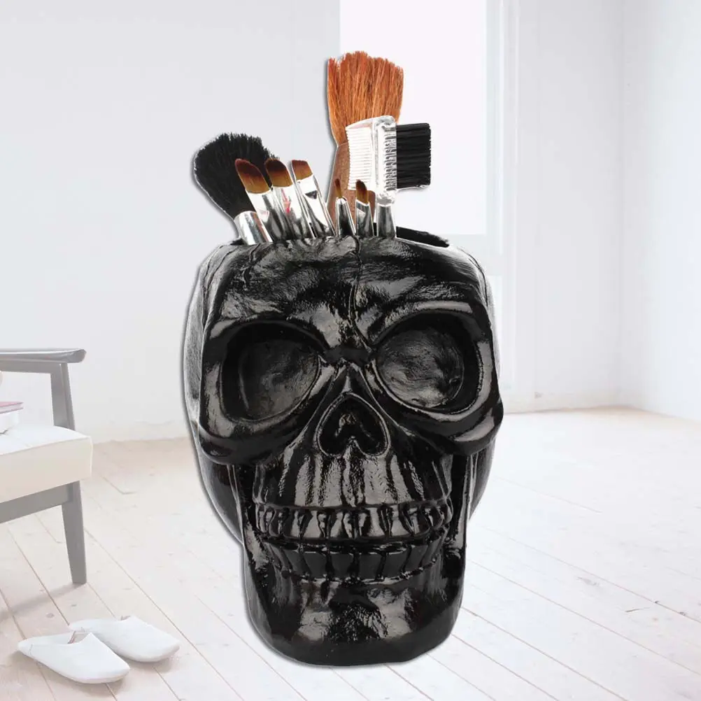 Skull Storage Box Resin Black Creative Pen Holder Desk Organizer Halloween Decoration Plant Holder Storage Box
