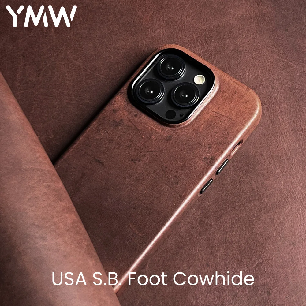 

YMW USA SBF Genuine Leather Case for iPhone 13 14 15 Pro Max Oil-tanned Cowhide Retro Phone Cover.