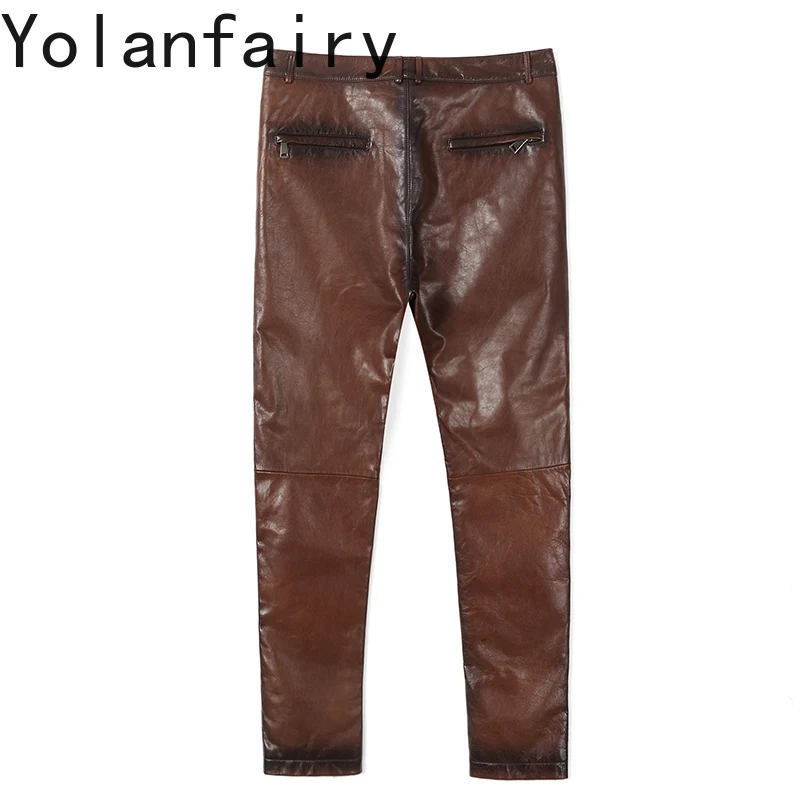 YOLANFAIRY Real Sheepskin Leather Pants for Men Slim-fit Fashion Motorcycle Clothing Casual Windproof Man Trousers Brown Pants