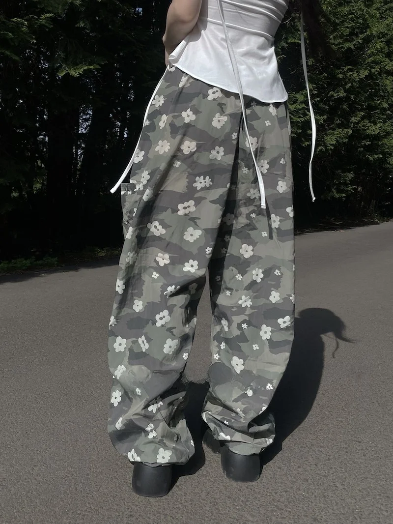 トレンディな花柄ワークウェアパンツ ハイウエスト ストレートレッグ カジュアルパンツ 韓国風 通勤 ファッション ロングパンツ 夏 SEI