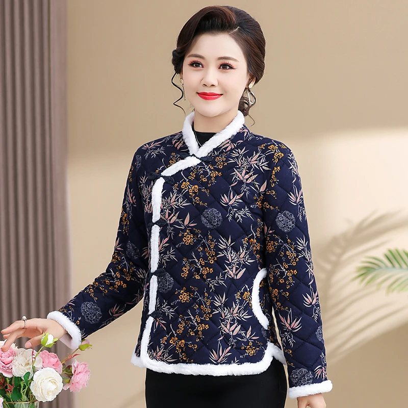 

Chinese Style Jacket Vintage velvet Printing Thickened Cotton-padded Coat Female Winter Warm Standing Collar Short Top