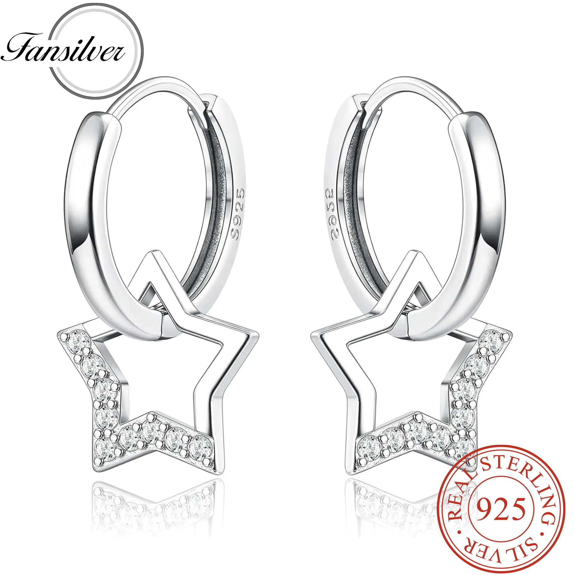 

Fansilver 925 Sterling Silver Star Dangly Earrings for Women Colorful CZ Star Dangle Hoop Earrings Cute Silver Drop Hoop Earring