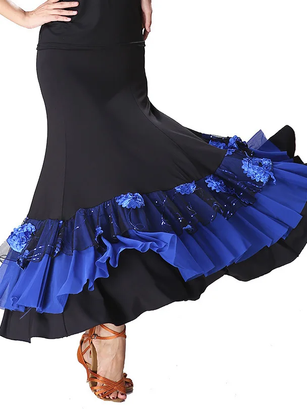 Women Flamenco Ballroom Practice Dress Spanish Fancy Belly Dance Wear Sequin Flower Embroidery Ruffle Big Wing Gypsy Stage Skirt