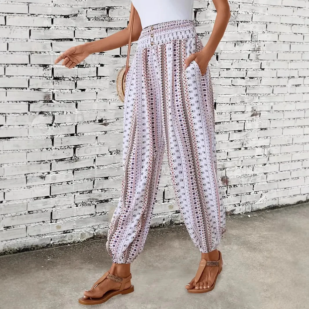 Womens Pants Elastic Waist Fashionable Bohemian Casual Printed Women Loose Ethnic Style Personalized High-waisted Wide-leg Pants