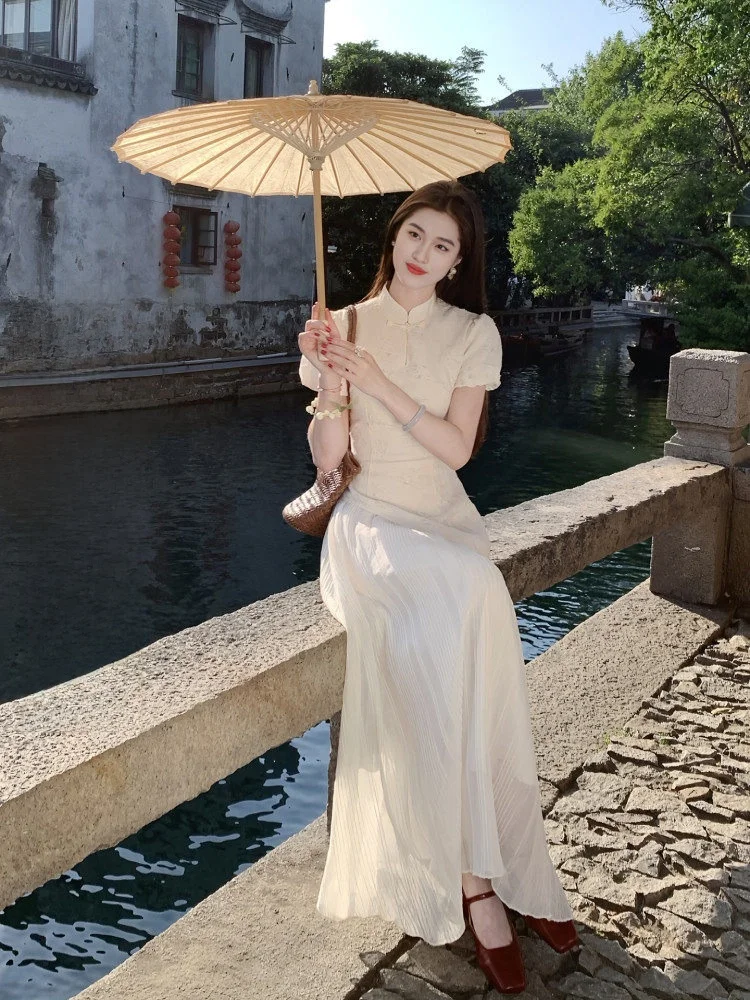 

Новое китайское женское летнее красивое белое платье с вышивкой, винтажное длинное платье Ципао с цветочным принтом ort Sve