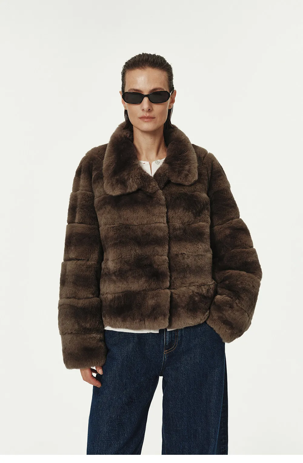 Laur 2026 Women Faux Rabbit Fur Short Coat Lapel Collar Striped Warm Fluffy Outerwear Winter Elegant Casual Jacket
