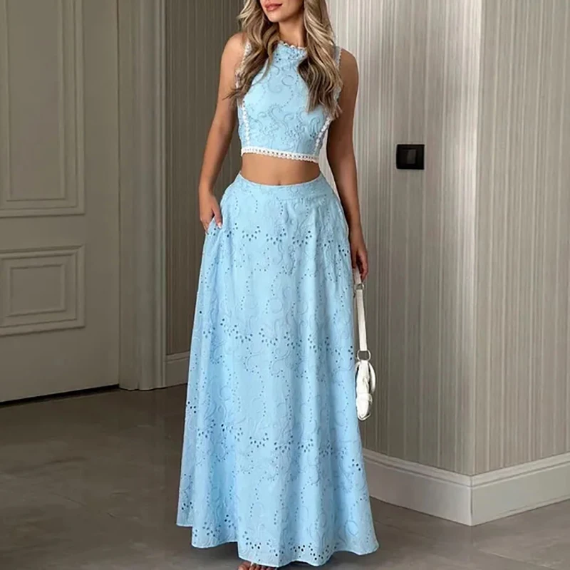 

Кружевной лоскутный праздничный костюм без рукавовСексуальный женский жилет с круглым вырезом Топ с длинной юбкой Комплект из 2 предметов Модный однотонный пляжный наряд