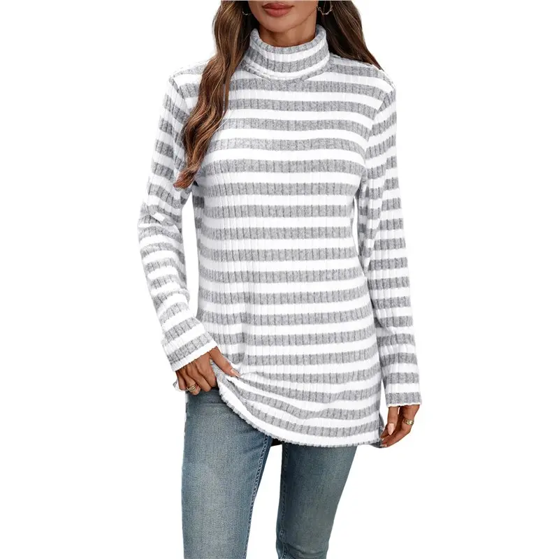 Women's Mock Neck Striped Ribbed Side Split Mid Length Long Sleeve Top Light Gray S Eco-Friendly