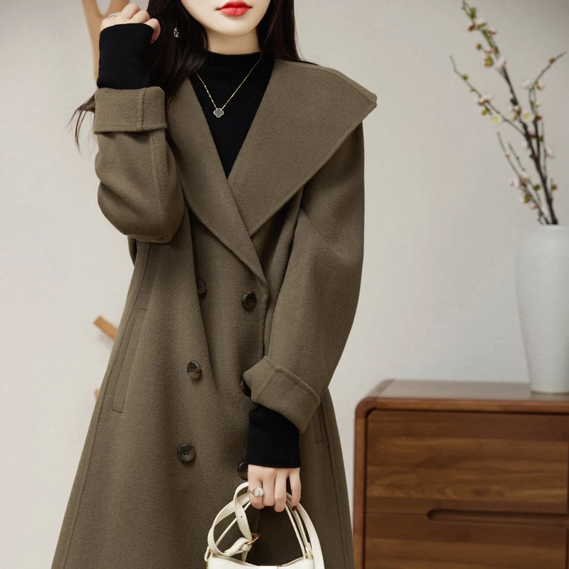 

Women's Double-Sided Cashmere Coat, Mid-length, Double-Breasted, 100% Pure Wool, Fall, Winter, New