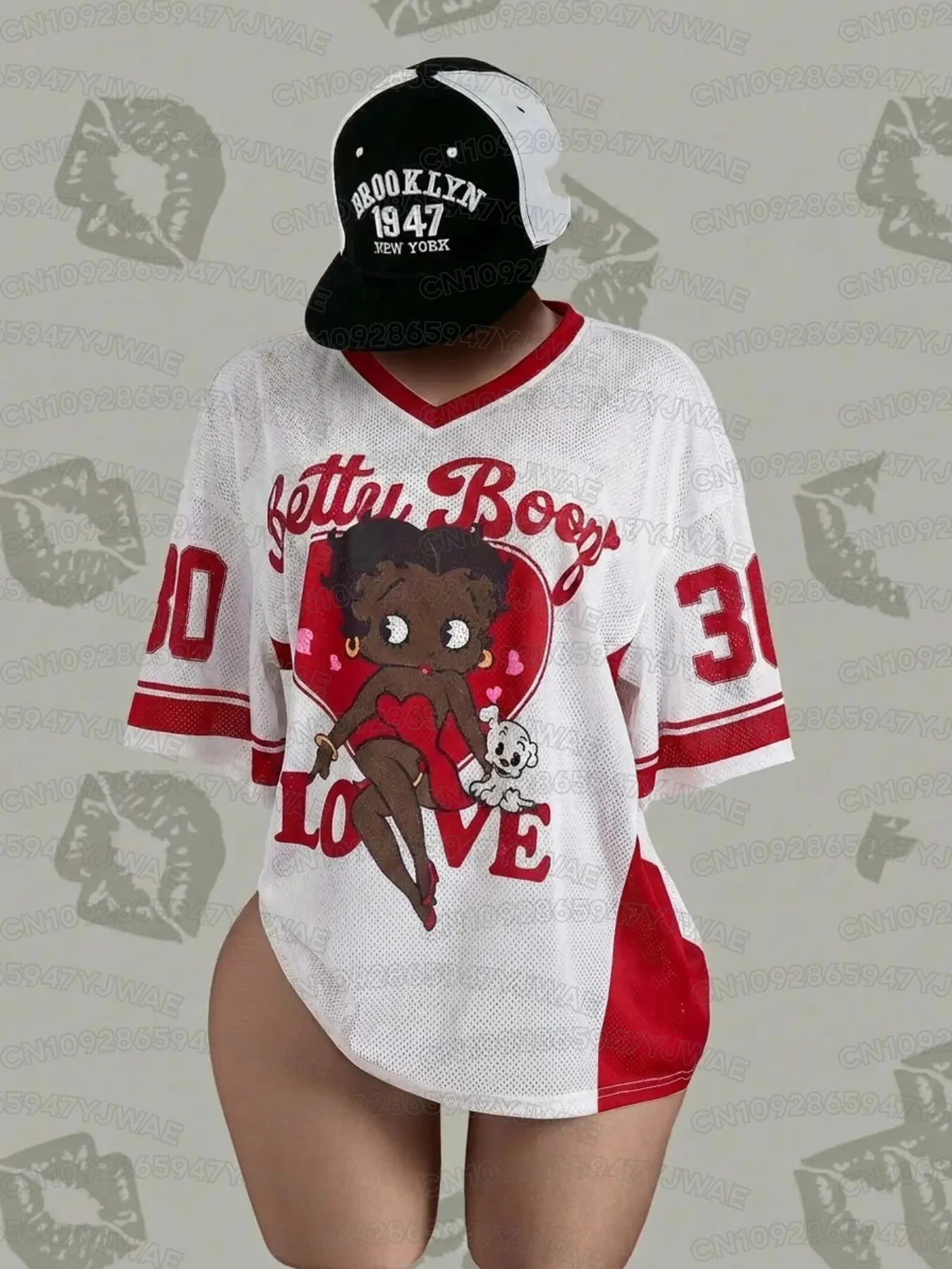 Sommer Damen- und Herren-T-Shirt mit Cartoon-Betty-Boop-Print, V-Ausschnitt, Grafik-Design, Fußballtrikot, Übergröße, Sport-T-Shirt, Kurzarm-T-Shirt – Detail 7