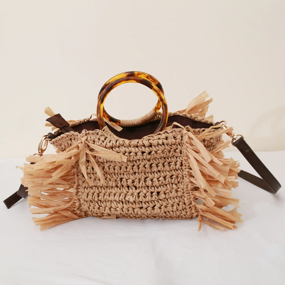 Beach Raffia Rattan Woven Handbags for Women 2024 Tassels Amber Circle Acrylic Handle Shoulder Clutch Designer Summer Straw Bags