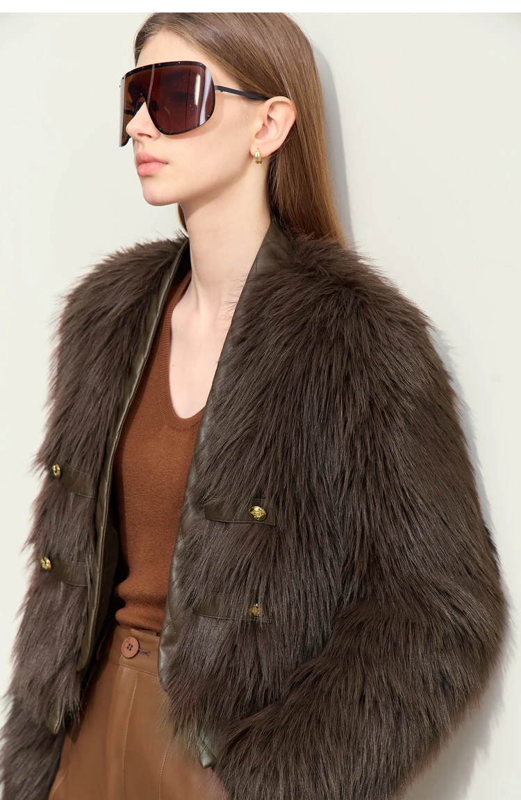 AMII 2026 Winter New Fur Jacket Solid Color Modern Warm Outerwear V-neck Imitation Fur Loose Spliced PU Top Female 12424012