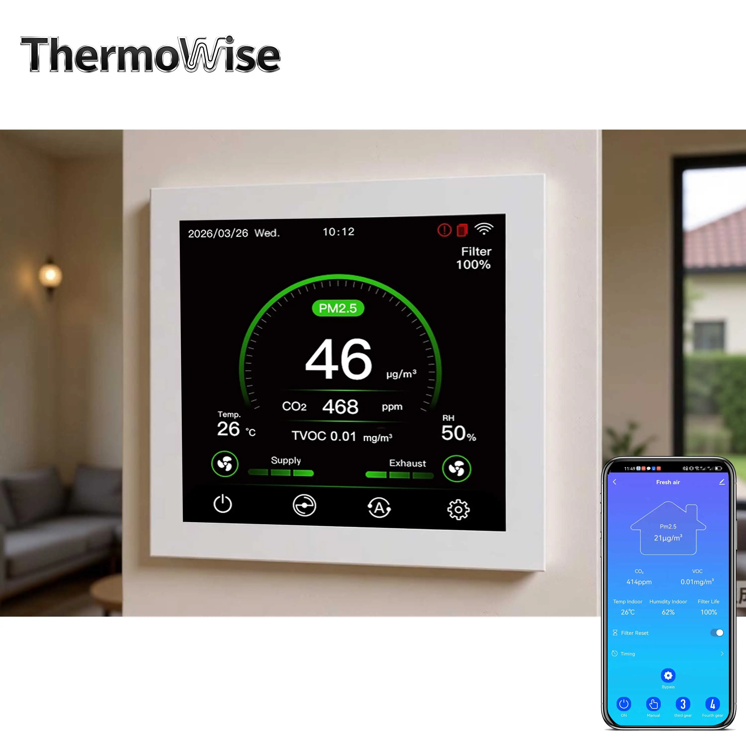 WIFI&RS485 Air Purification Sensor Controller for CO2&PM2.5 Smart Concentration Reduction Temperature Humidity VOC Monitoring