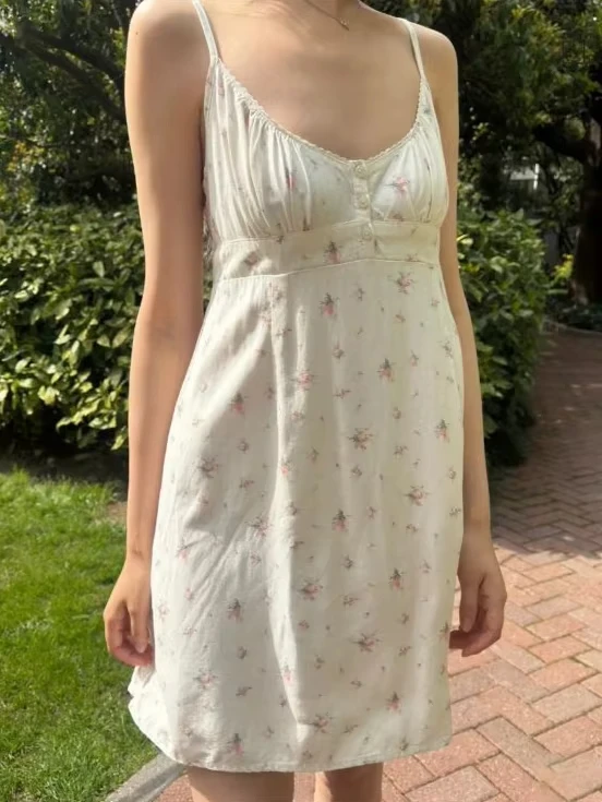 Kwiatowy nadruk Koronkowe wykończenie Dekolt w szpic Mini sukienka Kobiety Lato Casual Guziki A-line Krótkie kamizelki Śliczne słodkie sukienki w stylu Preppy Y2K