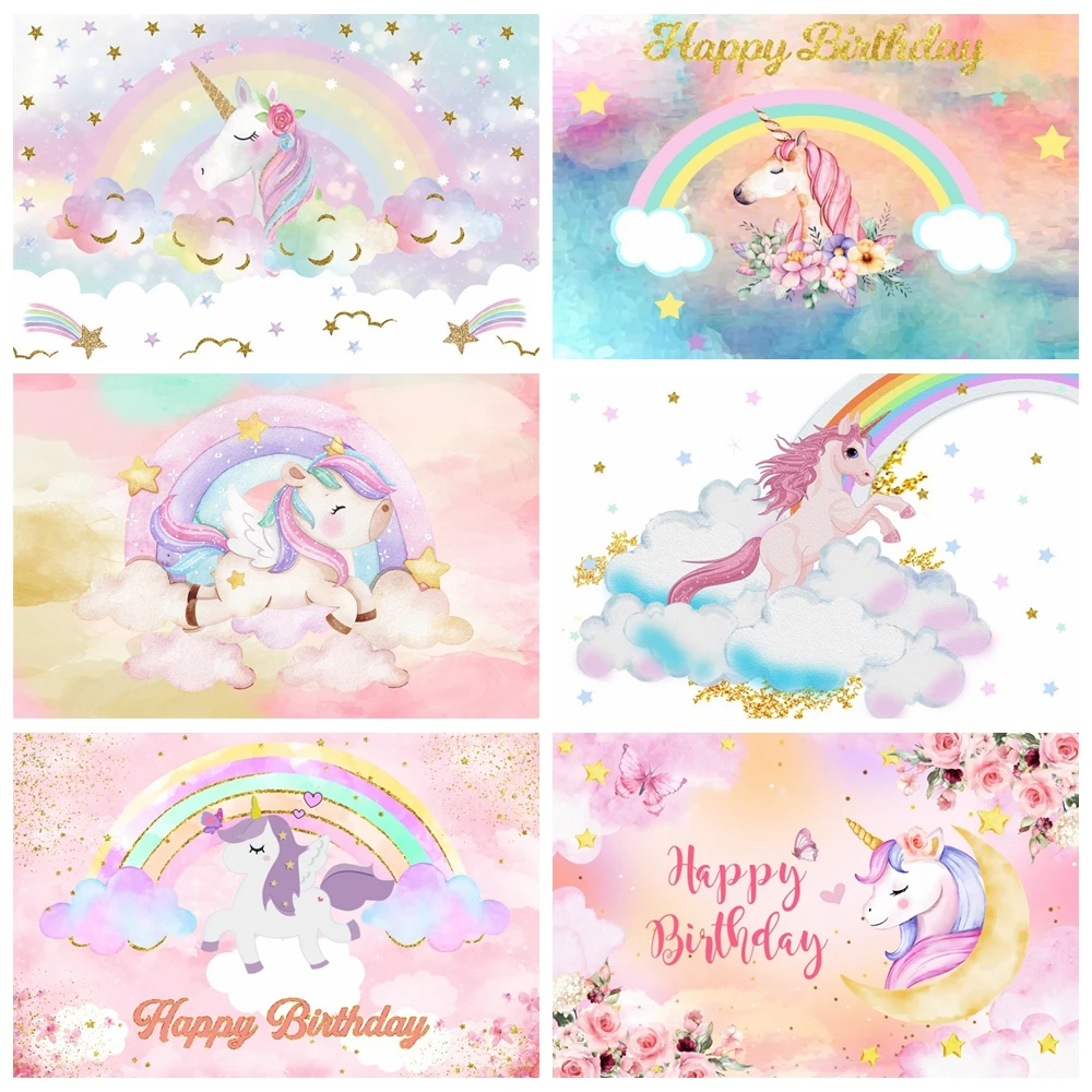 

Laeacco Happy Birthday Unicorn Backdrop for Photography Newborn Baby Shower Children Portrait Cake Smash Photographic Backdrop