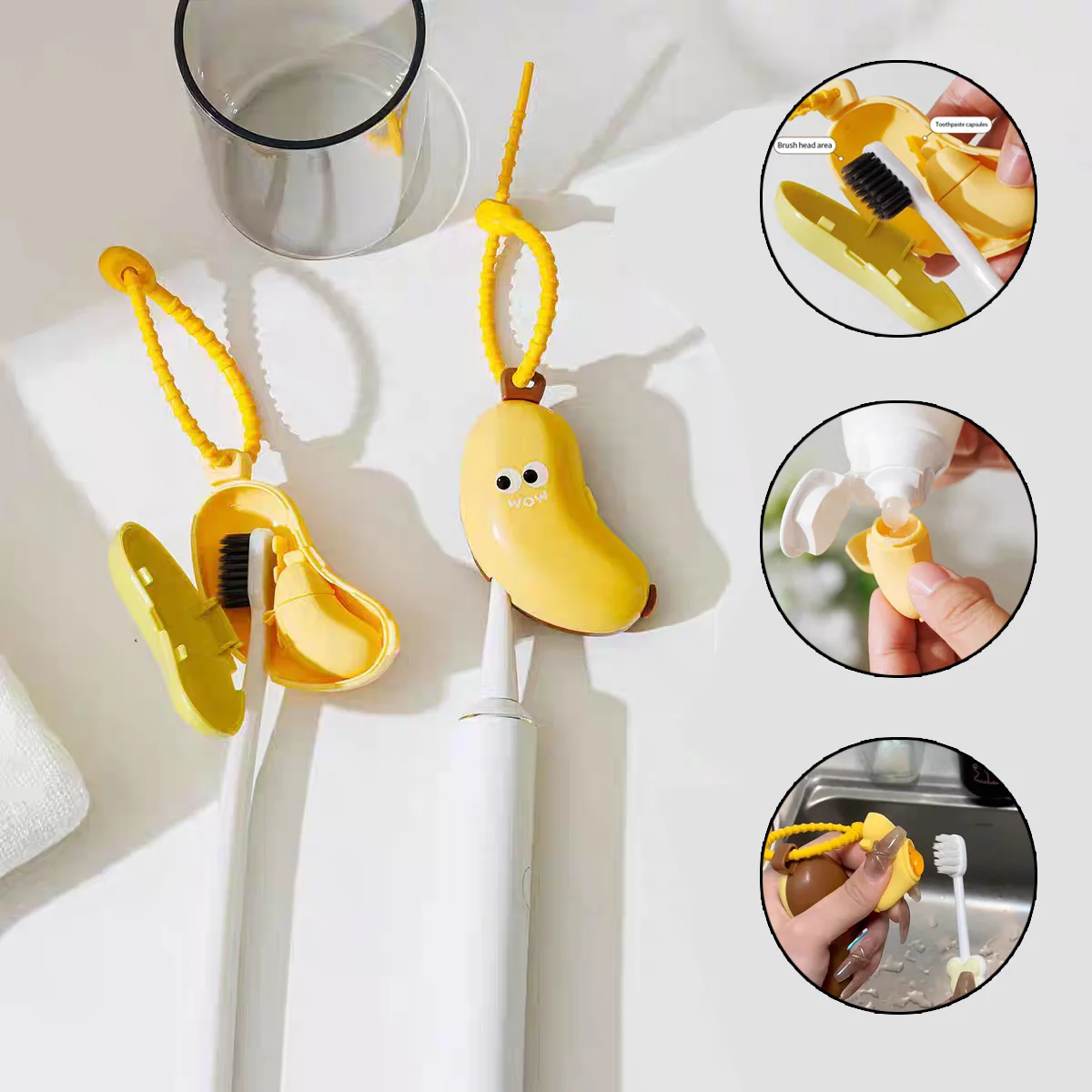Portable Banana Toothbrush Head Cover Travel Toothbrush Protective Cover with Toothpaste Storage Hanging Rope Bathroom Accessory