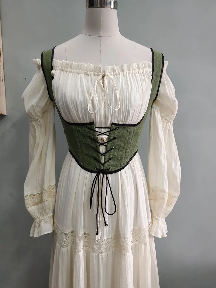 80-96cm Bust Boned Corsets Tops Women Vintage Versatile Green Linen Boned Corset Top Push-Up Everyday Style Boned Bodice