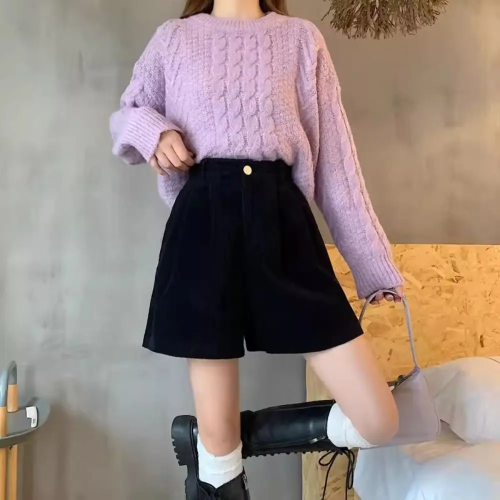 

High Waist Women Corduroy Shorts Stripe Two Pockets Wide Leg Short Pants Elastic Large Size Loose Streetwear Autumn Winter