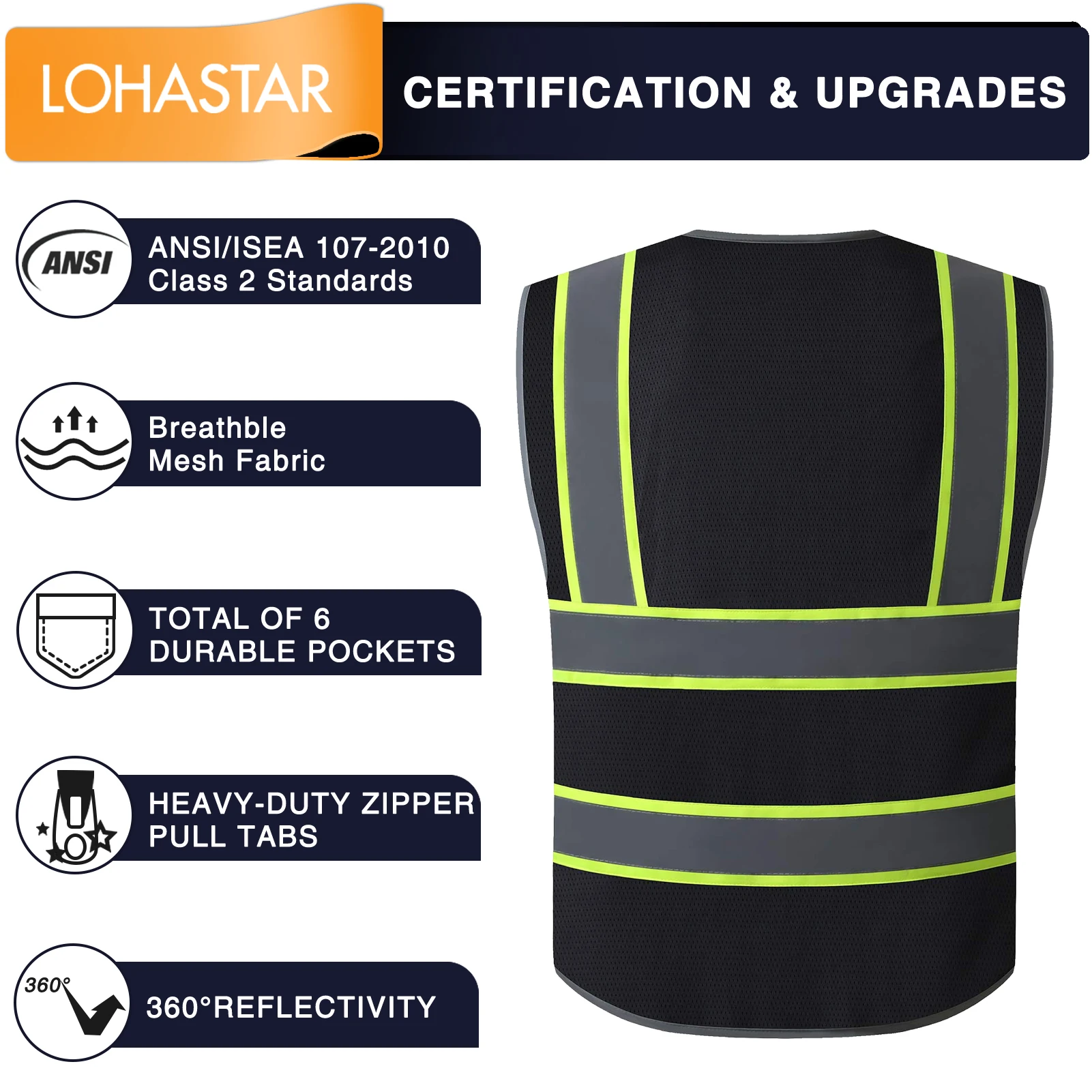 High Visibility Safety Vest for Men Women with 9 Pockets and Zipper Front Reflective Mesh Safety Work Vest Hi Vis Construction V