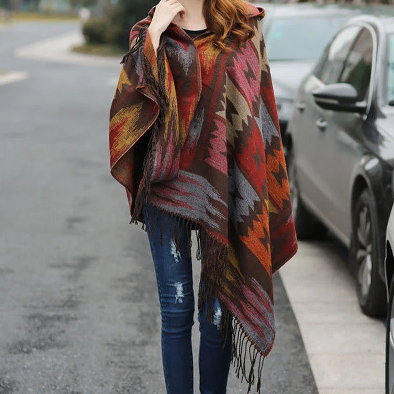 Spring Autumn Women Hooded Poncho Cape Cloak Fringed Tassel Shawl Wrap Sweater Bohemian Style Shawl Scarf Coat