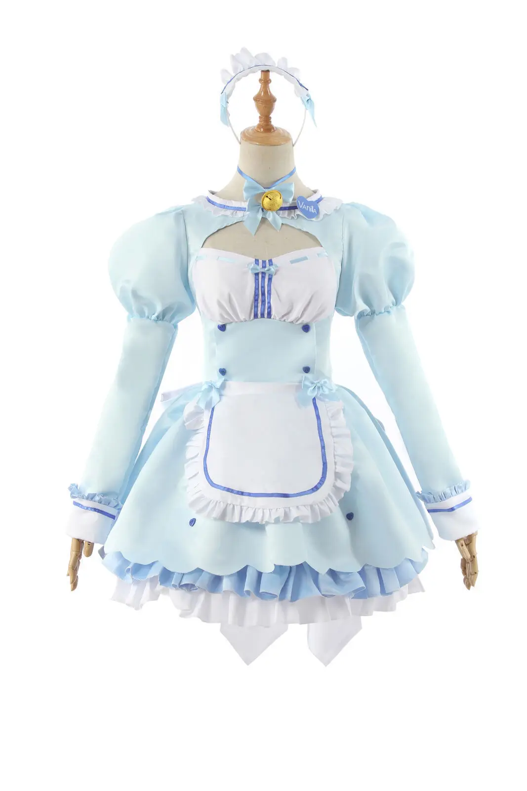 Nekopara Vanilla Light Blue Maid Cosplay Costume Full Set Wig Bell Choker Headband Cat Tail Women Anime Fancy Dress Outfit view 2