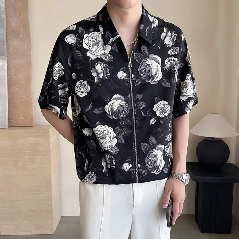 

Летние мужские рубашки из тонкого ледяного шелка с короткими рукавами, легкие роскошные свободные повседневные рубашки на молнии с принтом в стиле ретро, уличная одежда для ночного клуба