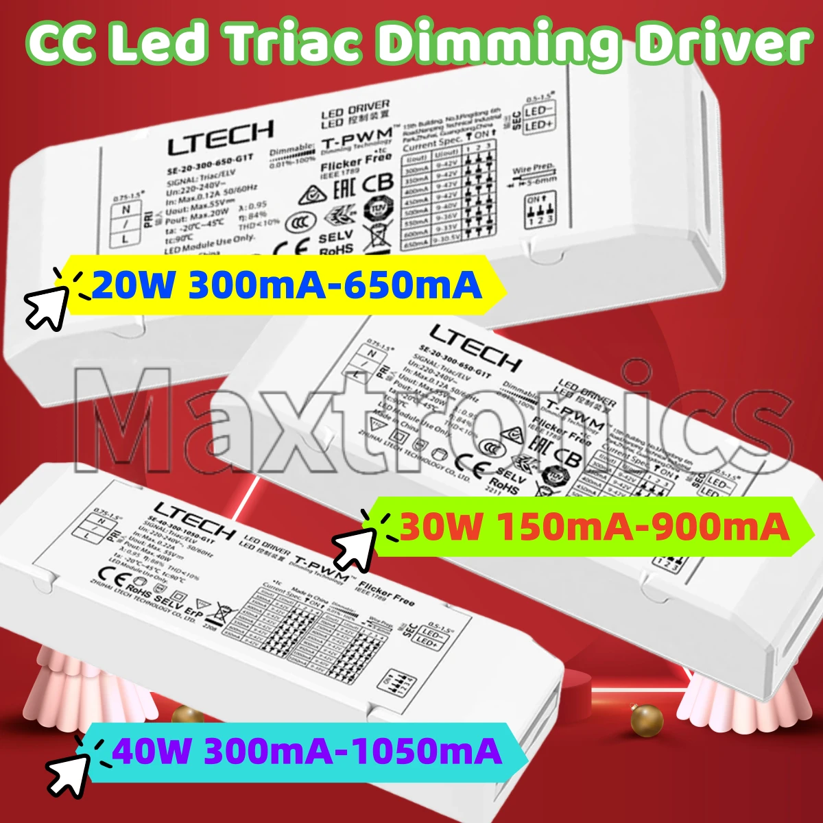 CC Led Triac Dimming Driver 20W 300mA-650mA /30W 150mA-900mA /40W 300mA-1050mA LTECH Leading/Trailing Edge Lighting Transformer