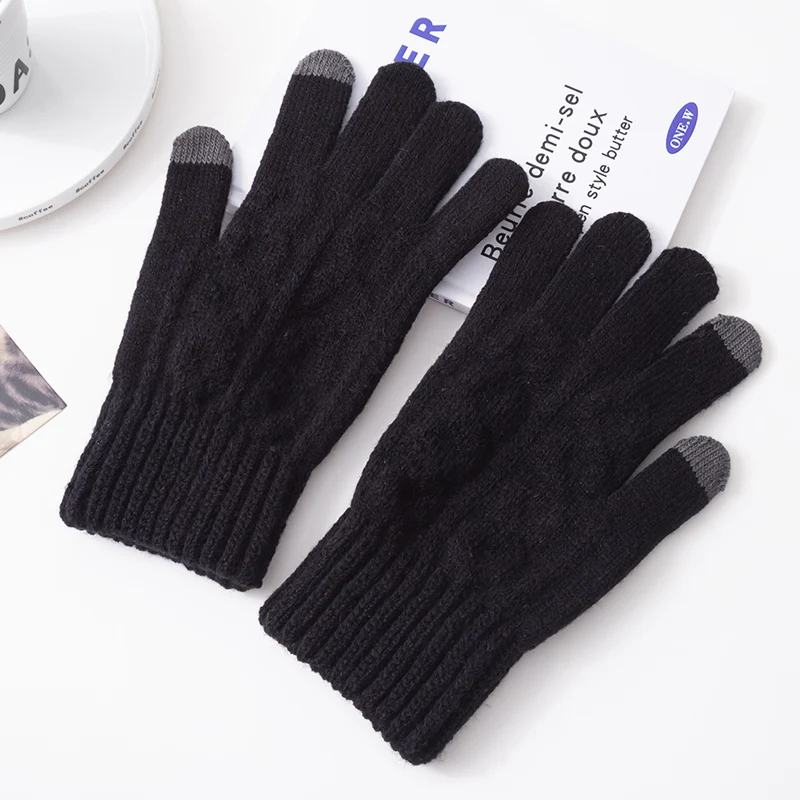 Winter Men Knitted Gloves Thicken Keep Warm Solid Grey Black High Quality Business Driving Cycling Full Finger Male Gloves