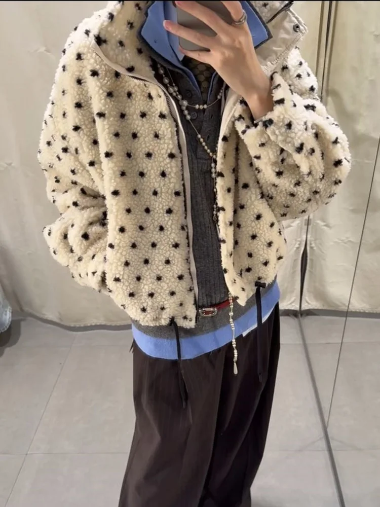 

HH Women Polka Dots Zipper Fashion Jacket High Collar Long Sleeves Drawstring Decoration Short Coat Female Casual Street Coat