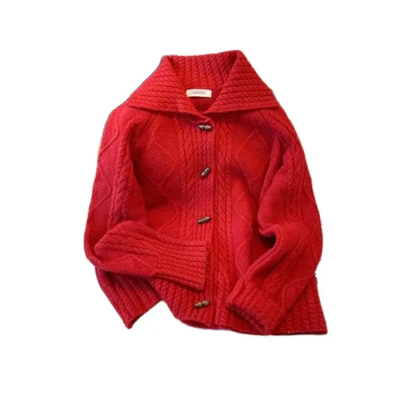 Autumn Winter Sweater Cardigan Women 2024 New Fashion Loose Casual Knitting Tops Horn Button Pure Colour Red Sweater Female