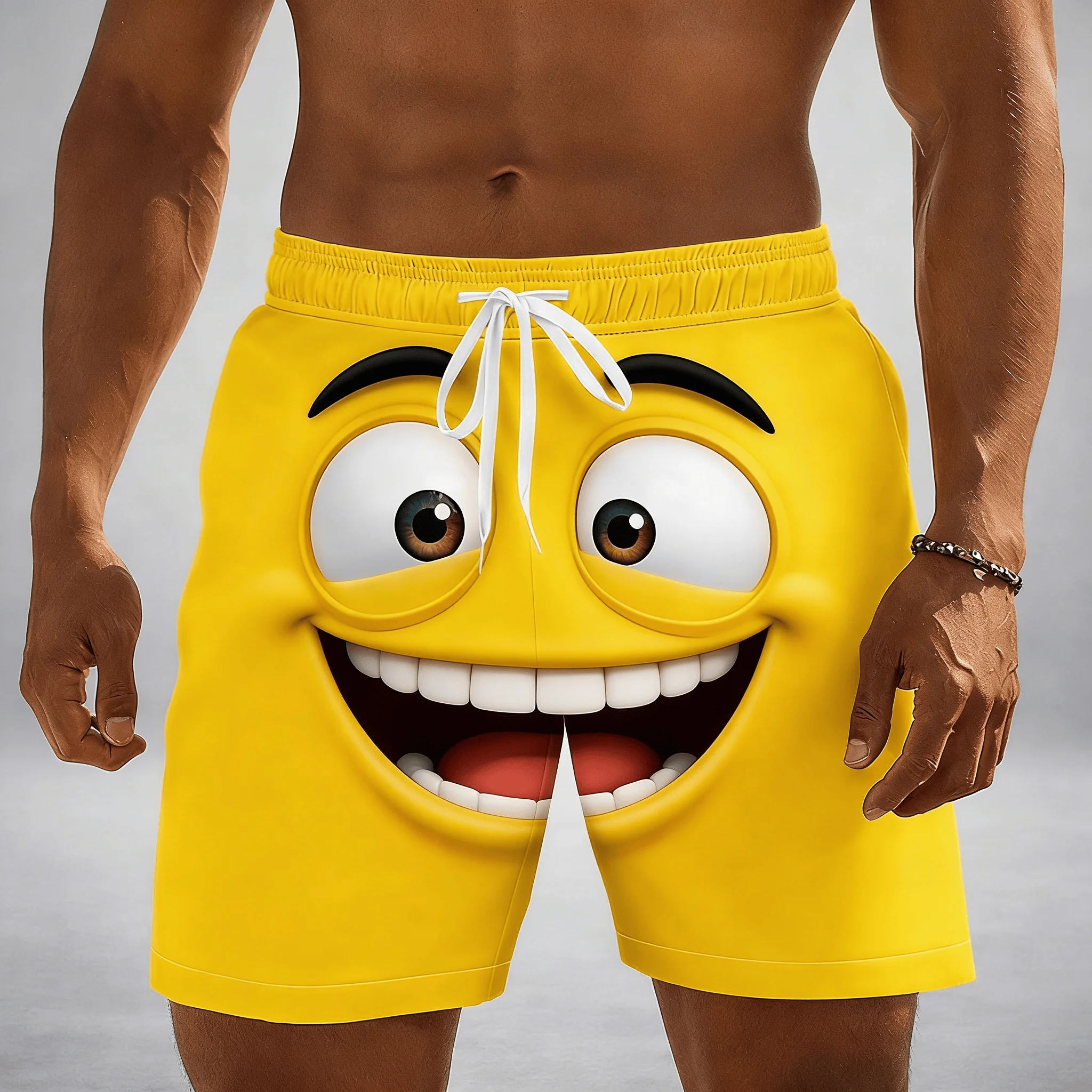 Men's Bright Yellow Print Drawstring Shorts, Spring Summer Fun Cartoon Casual Shorts, Pocket Beach Shorts