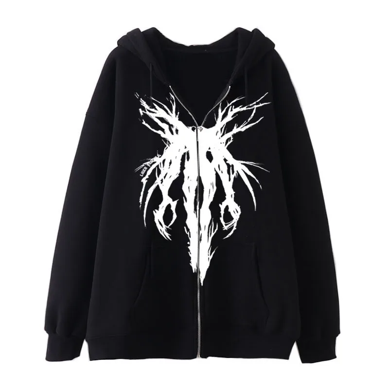 2024 European Style Dull Black Skeleton Polo Shirt Men Women Hooded Sweatshirt Gothic Couple Zipper Sweatshirt