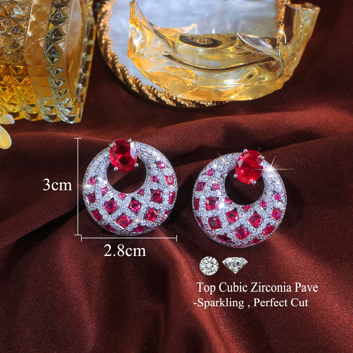 CWWZircons Top Hot Luxury Pink Red Cubic Zirconia Big Round Party Drop Earrings for Women Christmas Jewelry Festive Gifts E0838
