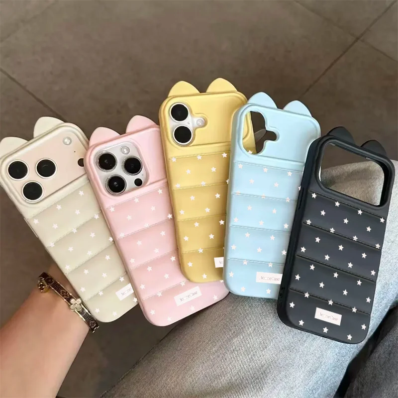 Korean INS White Star Soft Phone Case For iPhone 17 16 15 Pro Max 16 15 14 Plus 11 12 13 Pro Max Cat Ear Lens Protection Cover view 4