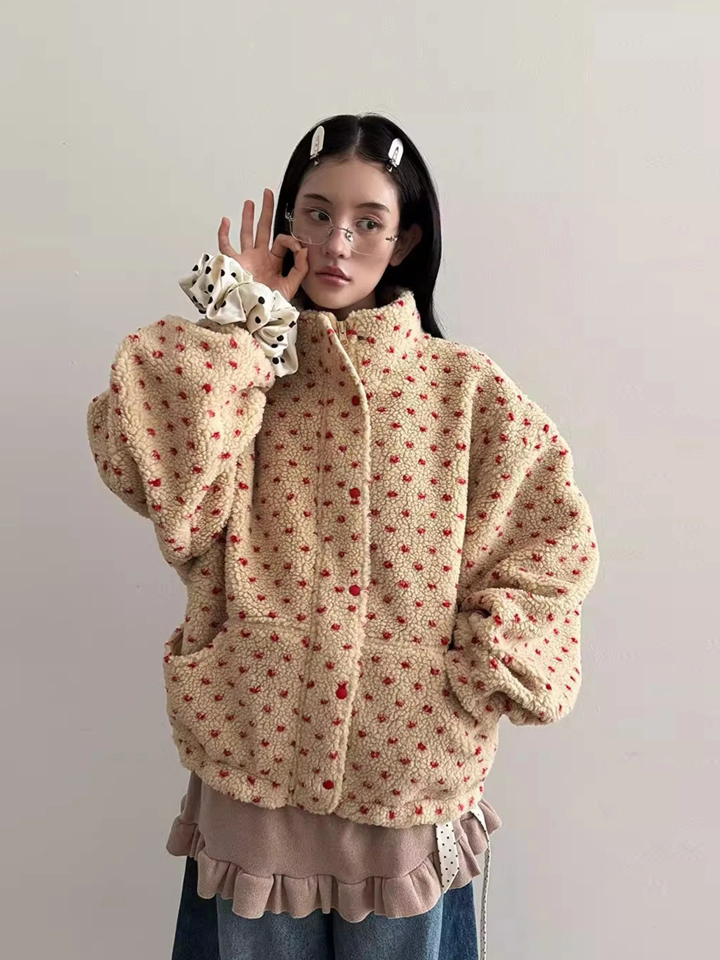 

Женское хлопковое пальто с воротником-стойкой и вышивкой из ягненка, универсальное зимнее новое пальто, корейское свободное длинное пальто