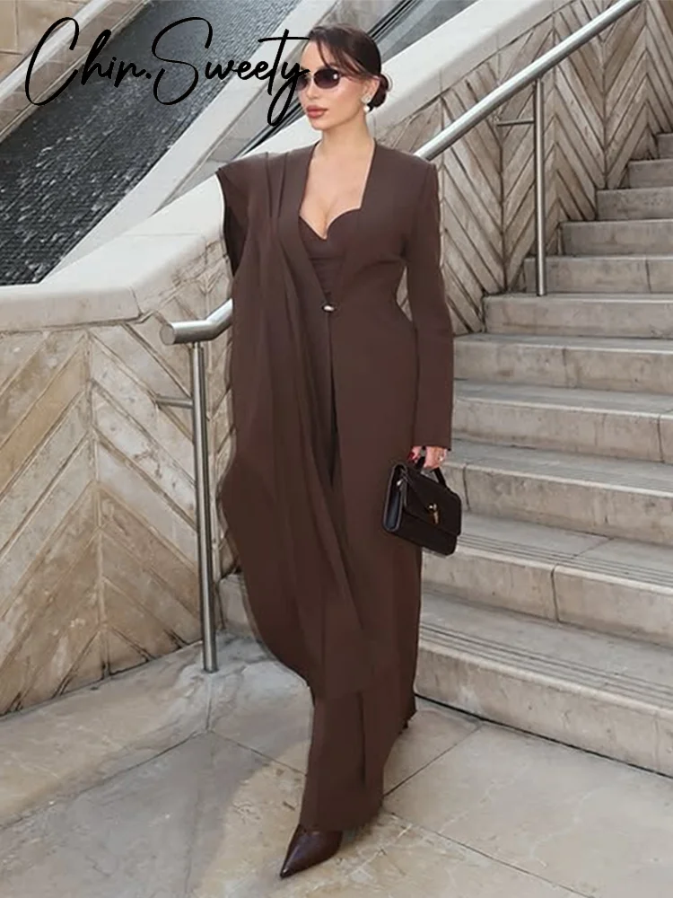 Urban Bow Long Blazer Women Coat Elegant Full Sleeve V-neck Single Button Female Outwear 2026 Spring Autumn Lady Streetwear New