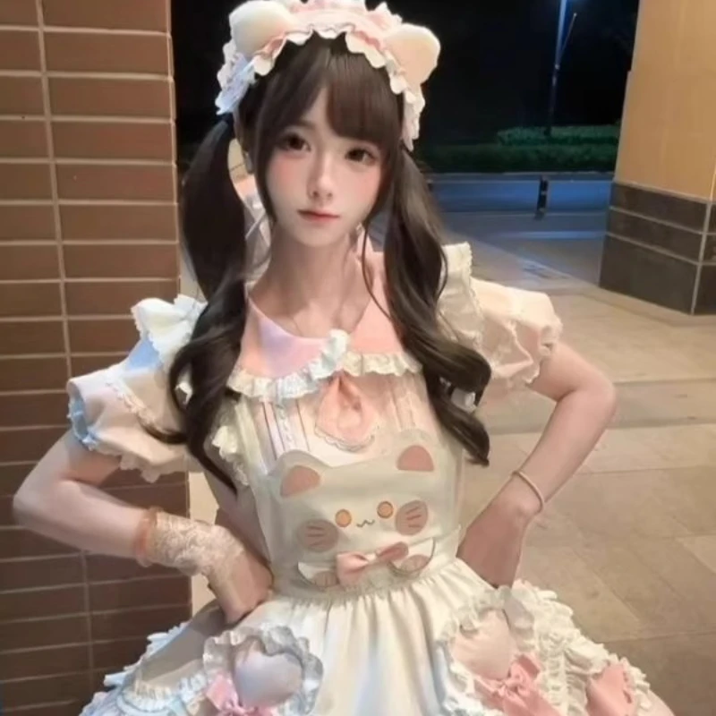 Original Heavy Industry Design Sweet Lolita ชุดสตรีใหม่สีชมพูโบว์แขนสั้นชุดสายคล้องสัตว์พิมพ์ผ้ากันเปื้อนชุดสุภาพสตรี