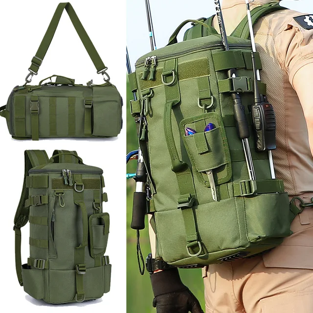 Wielofunkcyjny plecak wędkarski Torba na sprzęt wędkarski z uchwytami na wędki Przechowywanie sprzętu rybnego Molle Pack Camping Piesze wycieczki Torba sportowa na świeżym powietrzu