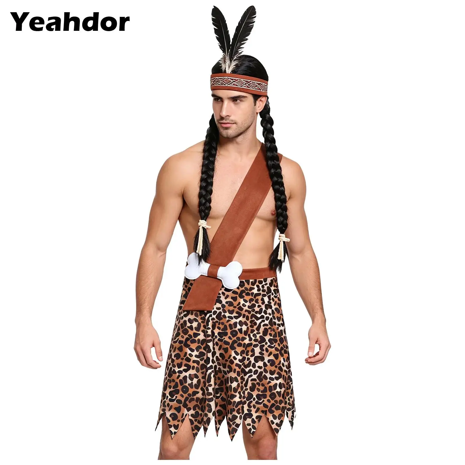 Men Caveman Cosplay Dress Halloween Costume One Shoulder Leopard Printed Strap Stuffed Bone Decor Waist Irregular Trim Skirt