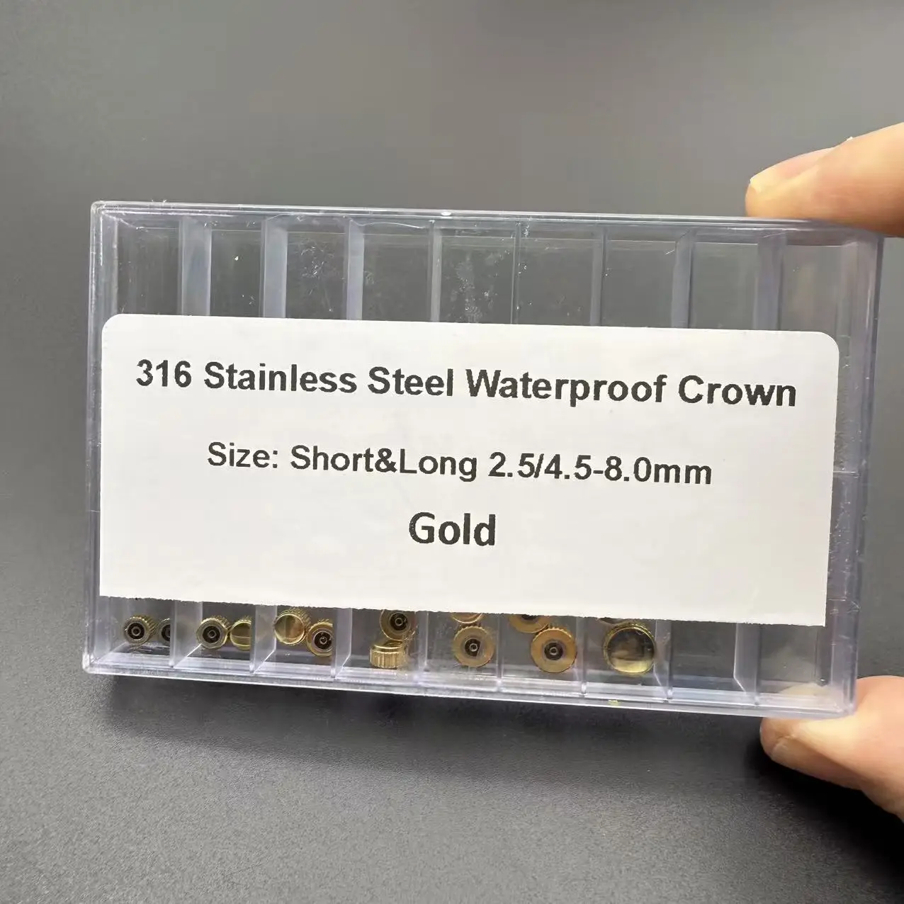 28 Stück/Box Uhrenkrone aus Edelstahl, Öffnung 2,5 mm, 4,5/5,5/6,0/6,5/7,0/8,0 mm, Uhrenkopf-Reparaturteile, Ersatzzubehör – Detail 6
