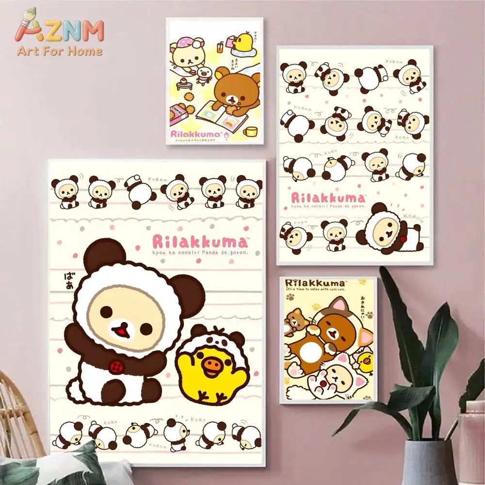 AZNM Rilakkuma Cute Bear Cartoon Canvas Wall Art Panda Korilakkuma Kiiroitori Print Poster Kawaii Room Decor Unframed - view 2