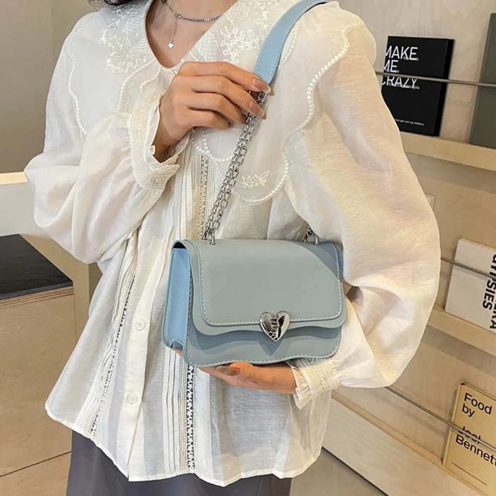 

Heart Alloy Decoration PU Crossbody Bag Magnetic Buckle Foldable Texture Chain Handbag Waterproof Large Capacity Flip Bag Party