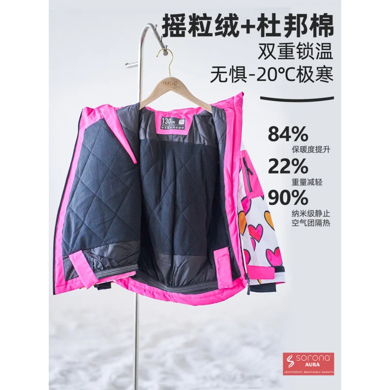 IMGO Winter Ski Suit for Girls Outdoor Snow Jacket Pant Waterproof Windproof Thermal Clothing Snowboarding Skiing for Children