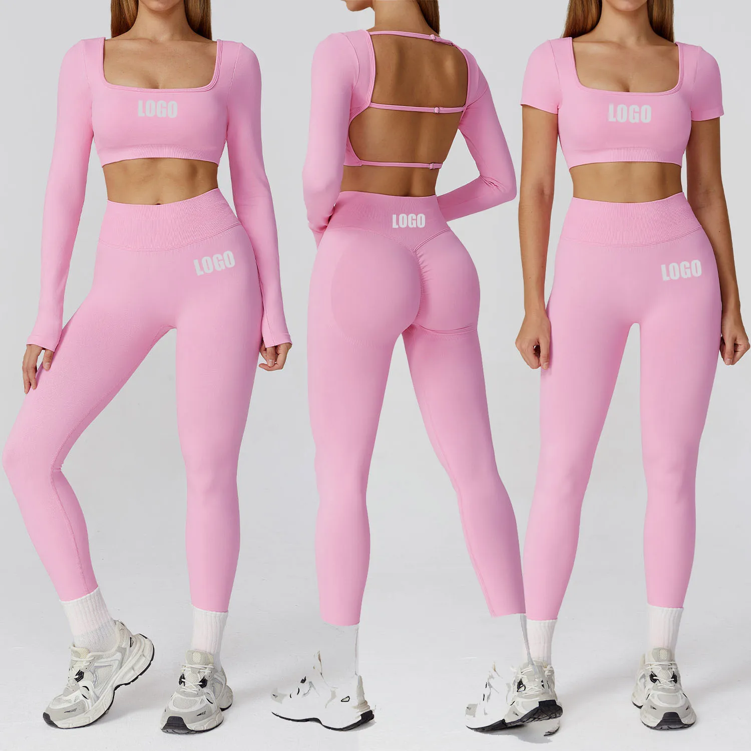 

Новый женский бесшовный комплект для йоги с логотипом на заказ, костюм для йоги с открытой спиной и высокой талией, спортивный костюм для бега, фитнеса, комплект из двух предметов