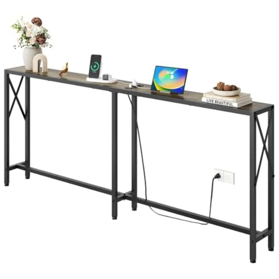 

70" Sofa Tables Narrow Long Behind Couch Table with Oulets and USB Ports Industrial Long Skinny Stand for Entryway Hallway Livi