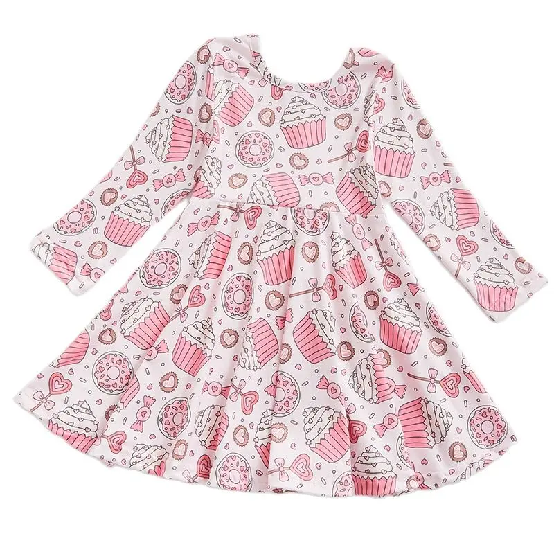 Valentine's Day Baby Girl Children's Clothing Milk Silk Ice Cream Doughnut Love Fried Dough Twist Dress Knee Length Long Sleeve