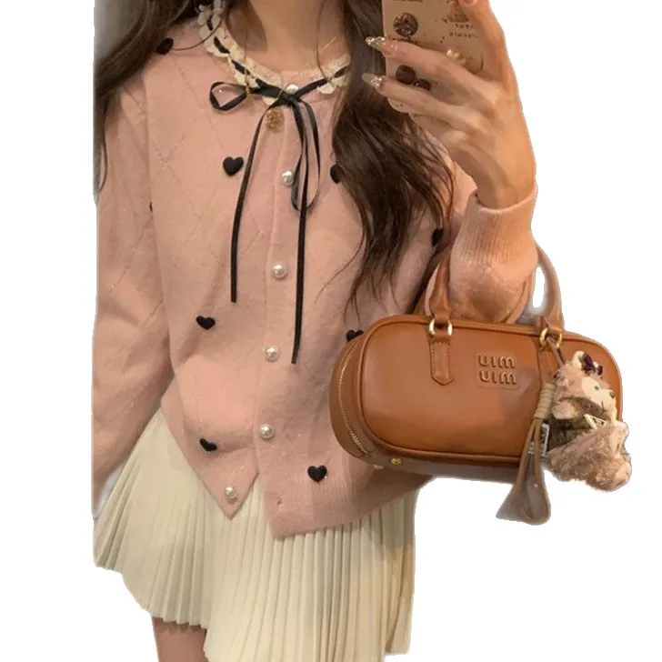 Amor coração renda redonda ne nó único botão de malha aberta cardigan feminino outono inverno novo sle jovem quente t...